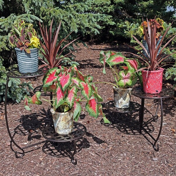 Sunnydaze Powder-Coated Steel Bronze Checkered Triple Planter Stand Set of 2