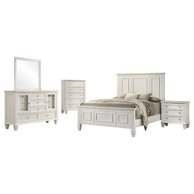 Lila 5 Piece Queen Bed Set, White Wood Headboard, Vanity Dresser and Chest