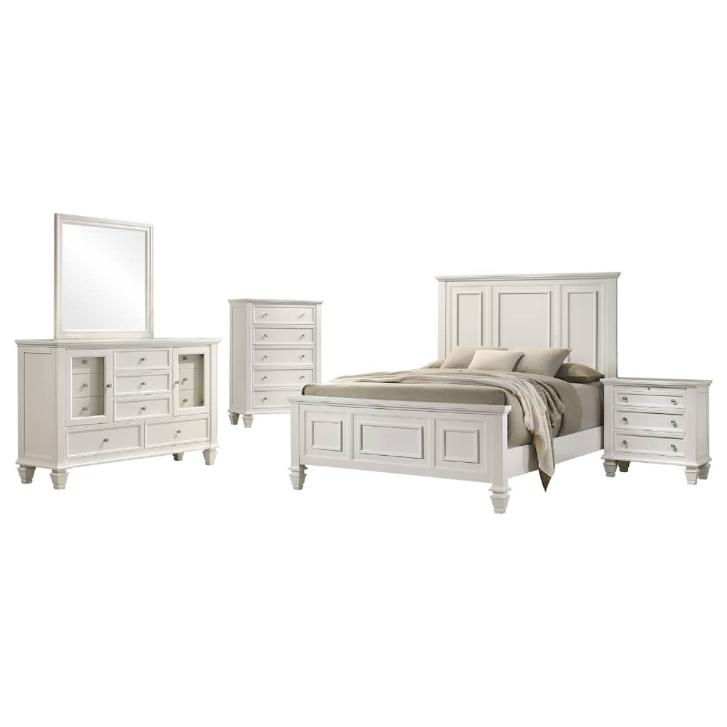 Lila 5 Piece Queen Bed Set, White Wood Headboard, Vanity Dresser and Chest
