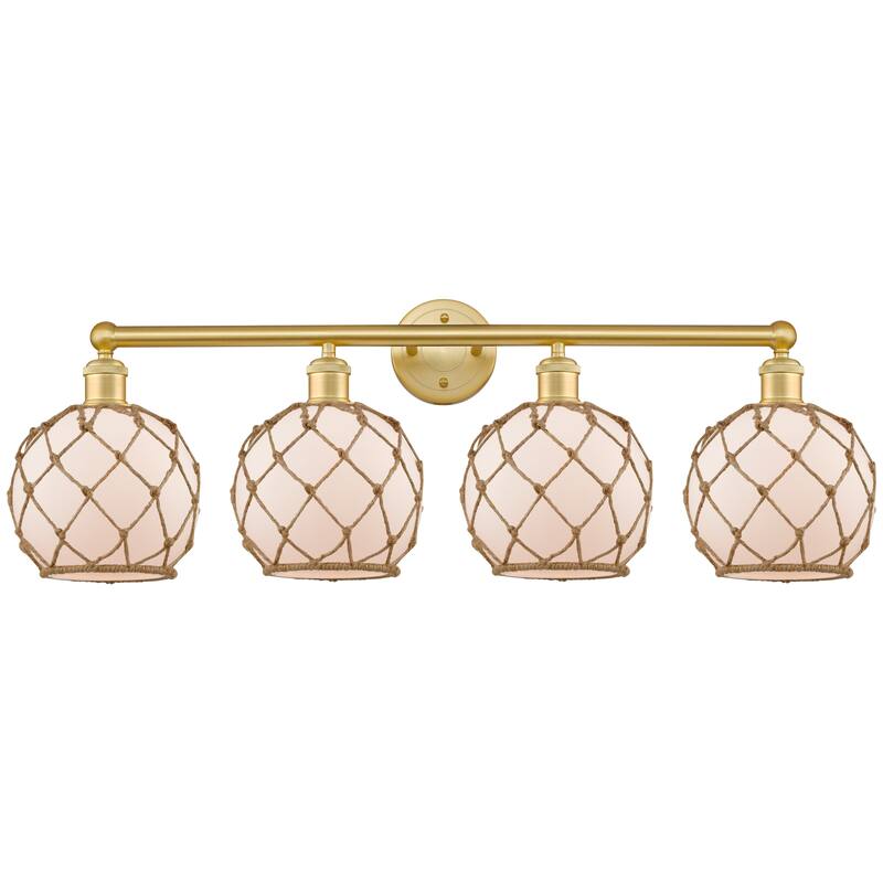 Innovations Lighting Endless Possibilities Edison - Farmhouse Rope - 4 Light 35" Bath Vanity Light - White Glass with Brown Rope/Satin Gold