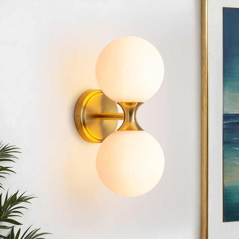 2-Light 13.7 in. Modern Brass Frosted Glass Globe Bathroom Vanity Light Up & Down Wall Sconce - 5.9 in. W x 13.7 in. H x 7.64 in. D - Gold