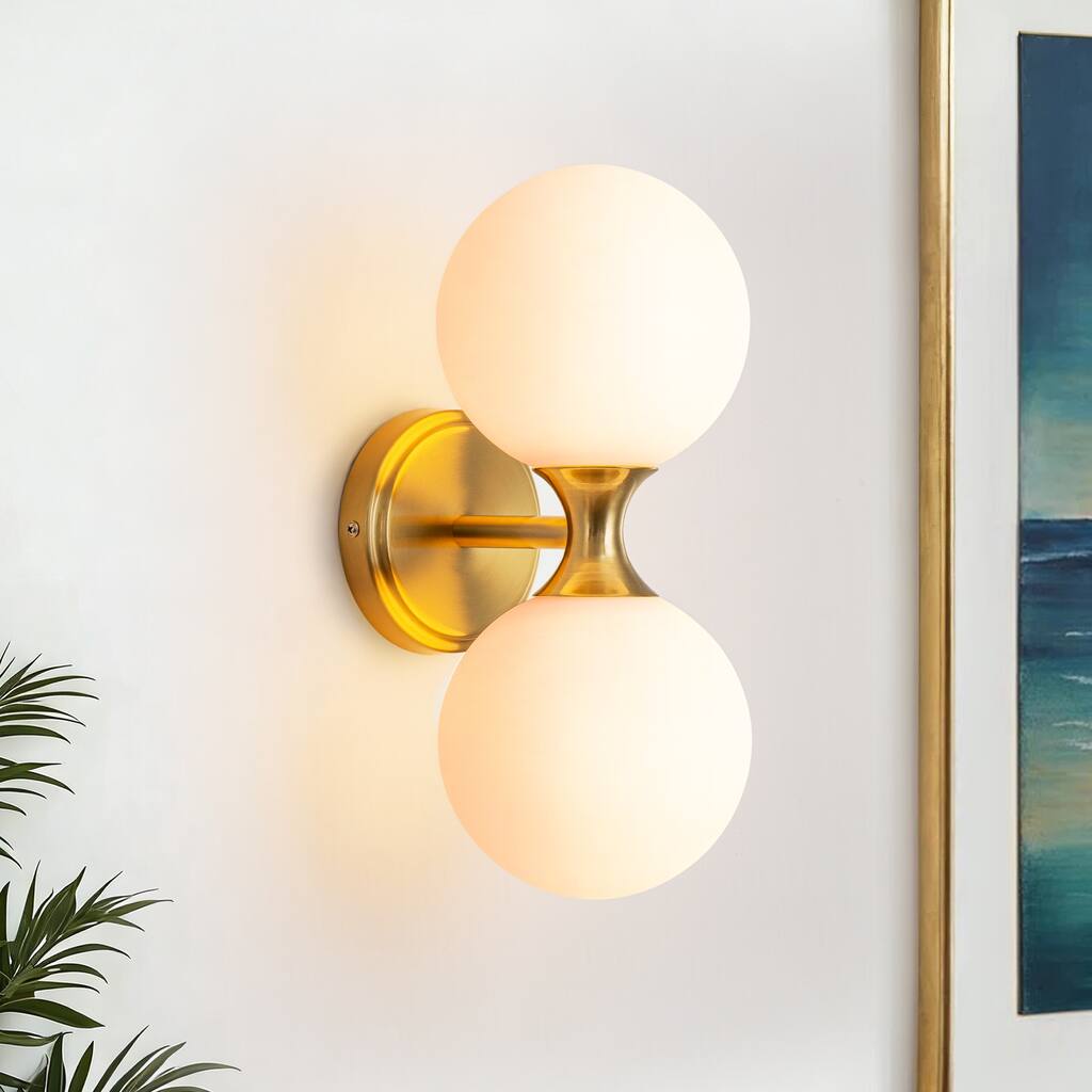 2-Light 13.7 in. Modern Brass Frosted Glass Globe Bathroom Vanity Light Up & Down Wall Sconce