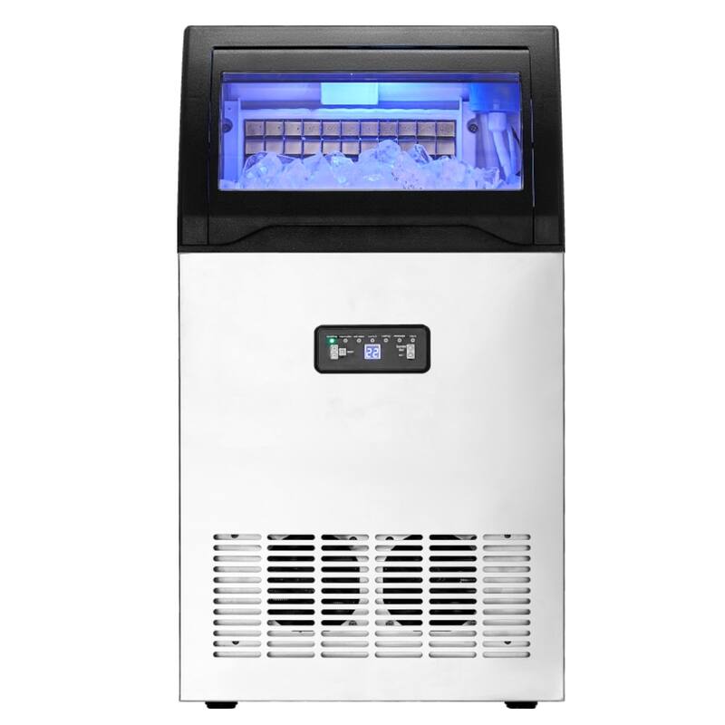 Silver Black Stainless Steel Commercial Ice Maker with 130 lbs Daily Output and Auto Cleaning - 17.1 x 16.1 x 31.5 in