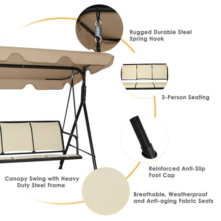 3 Person Steel Frame Patio Swing with Polyester Angle and Adjustable Canopy - Brown - 67" x 43.5" x 60.5" (L x W x H)