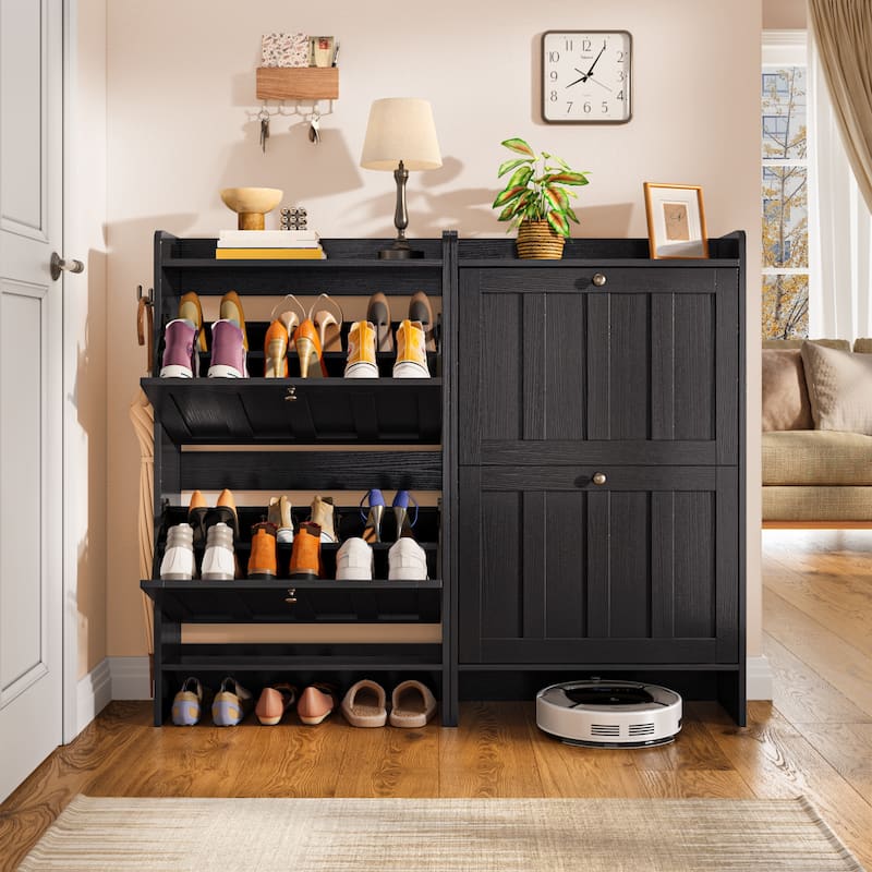Shoe Cabinet with Flip Drawers, Slim Shoe Storage Cabinet for Entryway, Freestanding Narrow Rack with Open Storage