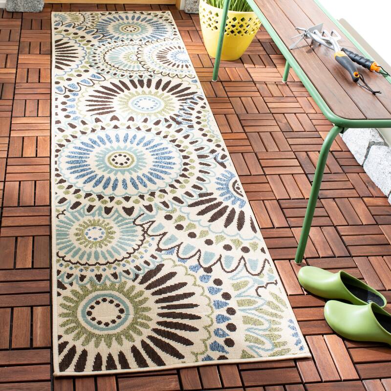SAFAVIEH Veranda Sissy Indoor/ Outdoor Waterproof Patio Backyard Rug - 2'3" x 12' Runner - Cream/Blue