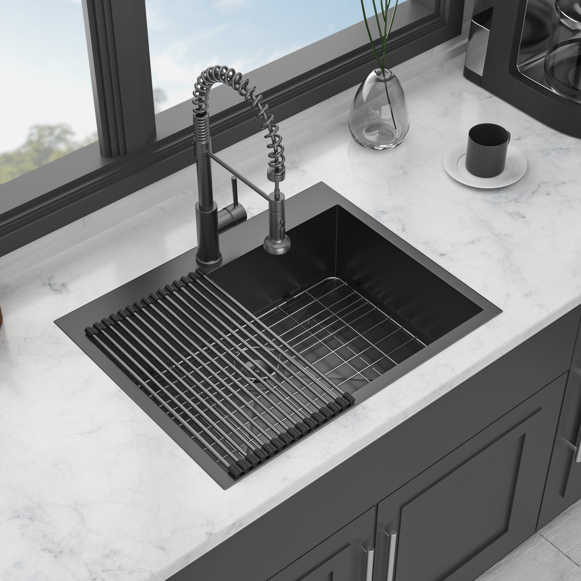 25/28/30 Inch. Drop-in Single Bowl 16 Gauge Gunmetal Black Stainless Steel Kitchen Sink with Bottom Grid