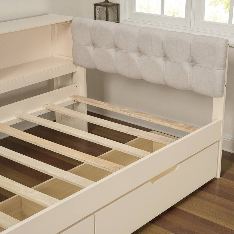 Wood Twin/Full Platform Bed with Upholstered Headboard, Storage Shelves, Drawers and Charging Station, No Box Spring Needed