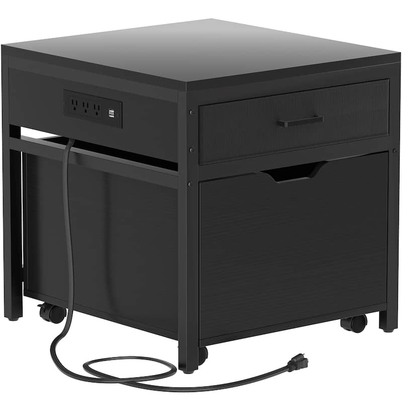 Mini Fridge Stand with Charge Station, Side/ End Table with Storage Drawers and Rolling Cabinet