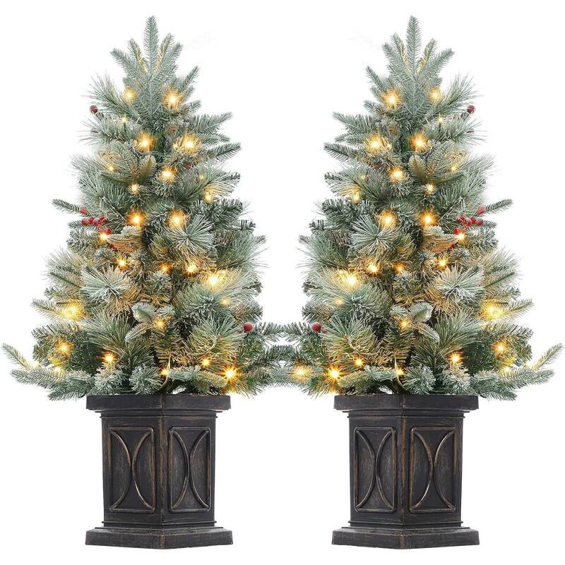 3FT 2 Pack Small Pre-Lit Artificial Christmas Tree with Arc Brown Base - Green