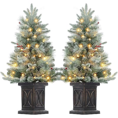 3FT 2 Pack Small Pre-Lit Artificial Christmas Tree with Arc Brown Base