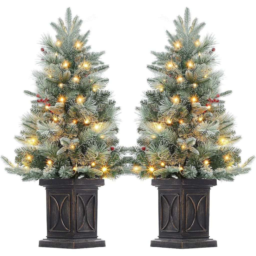 3FT 2 Pack Small Pre-Lit Artificial Christmas Tree with Arc Brown Base