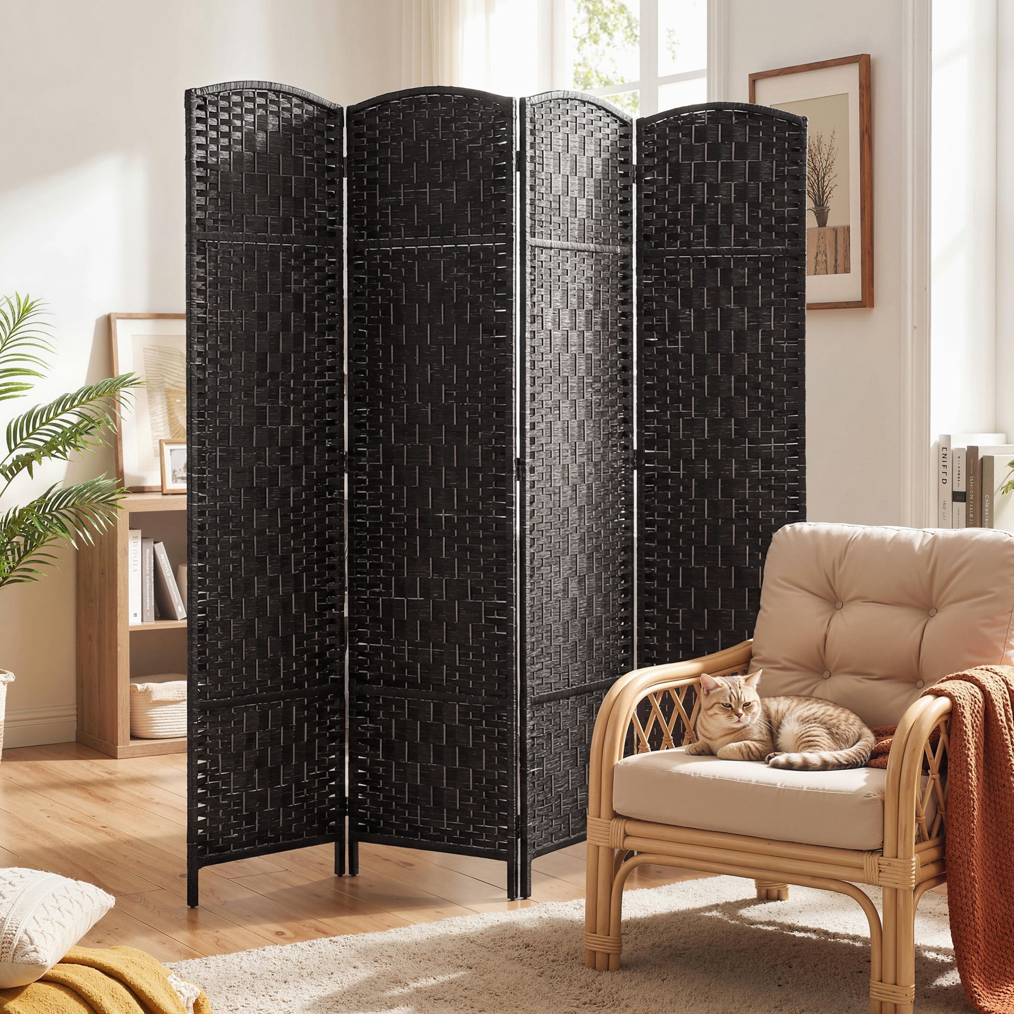 HOMCOM Room Divider, 4 Panel Folding Privacy Screen, 6FT Tall Portable Wicker Weave Partition Wall Divider