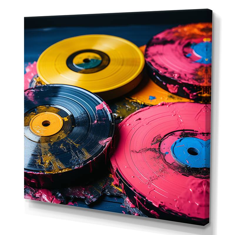 Designart "Pink Vinyl Records Display III" Vinyl Records Wall Art - Modern Canvas Wall Decor For Home