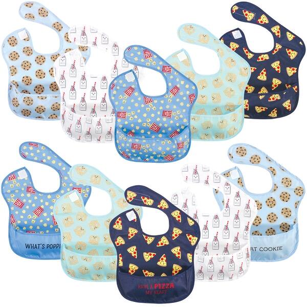 slide 1 of 1, Hudson Baby Infant Boy Waterproof Polyester Bibs 10pk, Pizza Snacks, Beginner - Pizza Snacks Beginner - Pizza Snacks