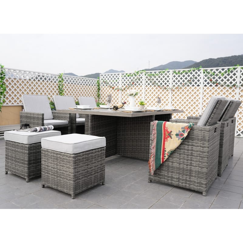 11-Piece Patio Wicker Aluminum Dining Table Set w/ Chairs and Ottomans