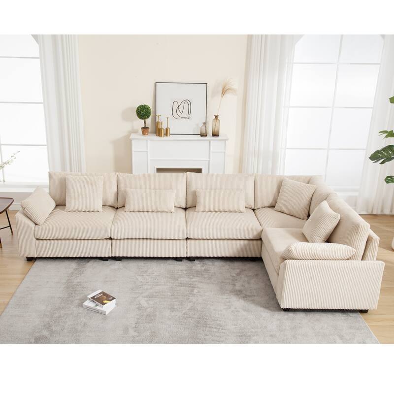 Oversized Modular Convertible Corduroy Fabric Sectional Sofa, Beige