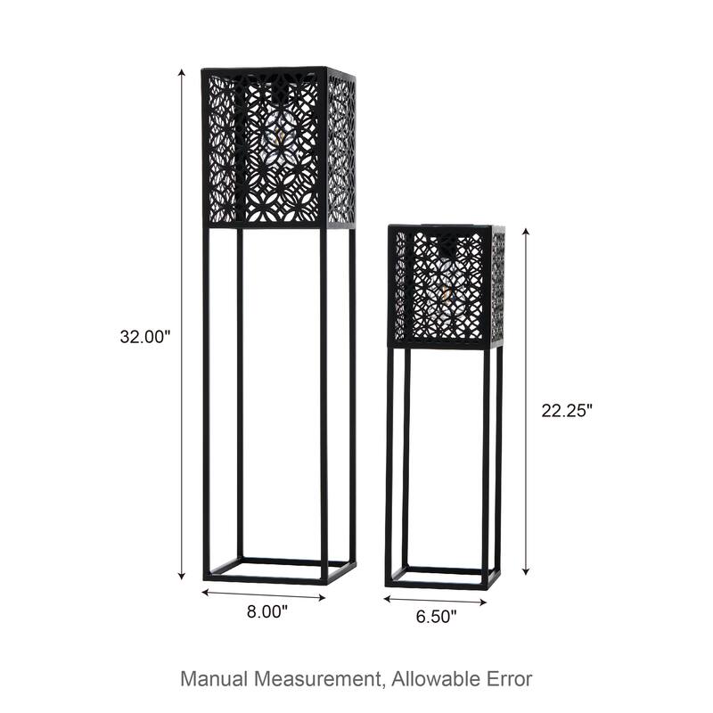 Glitzhome Set of 2 Black Metal Cutout Pattern Solar Powered Edison Bulb Outdoor Floor Lantern or planter stands
