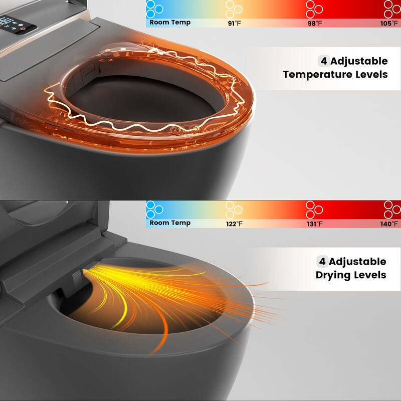 Elongated Smart Toilet with Bidet Wash, Heated Seat, Warm Air Dry, Remote Control, Auto Flush, LED Display