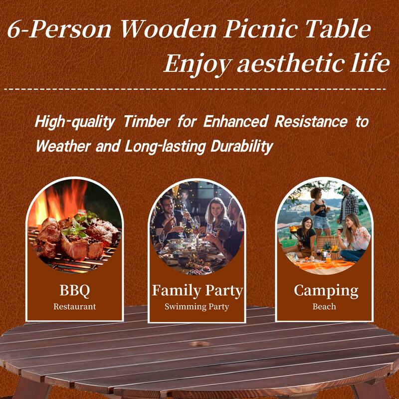 6-Person Outdoor Patio Wooden Round Picnic Table with 3 Built-in Benches and Umbrella Hole