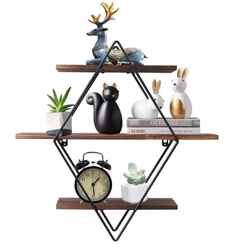 Floating Wall Mounted Display Shelf 3 Tiered Wooden Shelves Black Frame Shelving