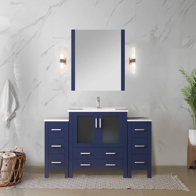 Volez 54 in W x 18.25 in D Dark Grey Bath Vanity with Side Cabinets, Faucet Set, White Ceramic Top, and 28 in Mirror - Navy Blue
