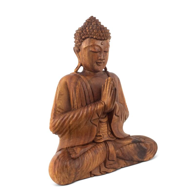 Wooden Serene Sitting Buddha "Anjali Mudra" Statue Handmade Meditating Sculpture Figurine Home Decor Wood