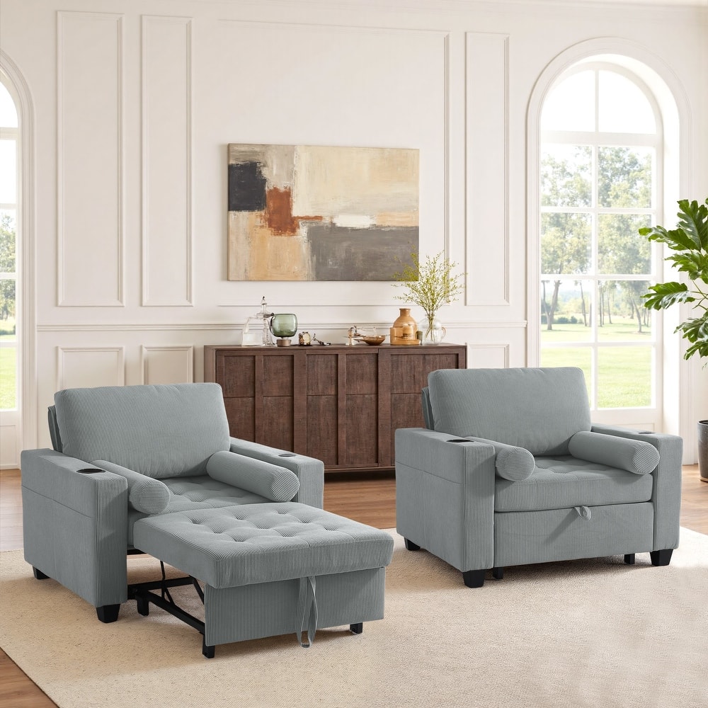 Corduroy Upholstered Accent Chair Convertible Sleeper Chair Set of 2