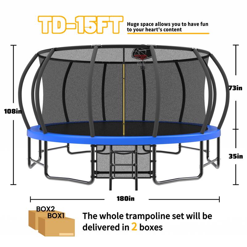 15FT Trampoline with Basketball Hoop - Recreational Trampolines with Ladder ,Shoe Bag and Galvanized Anti-Rust Coating