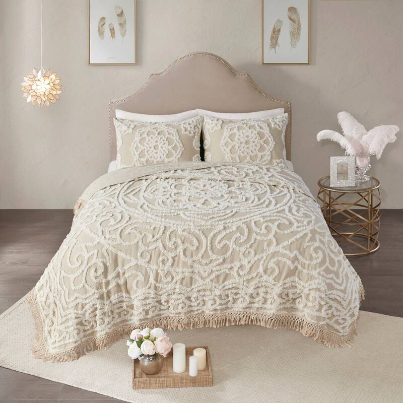 Tufted Cotton Chenille Medallion Fringe Coverlet Mini Set Taupe Full Queen