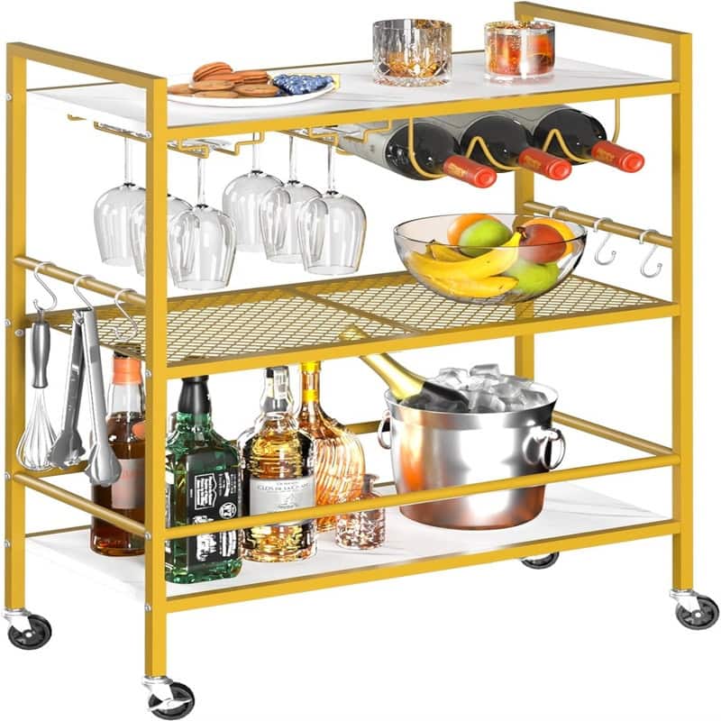Bar Carts for The Home 3Tier Rolling Kitchen Cart with Wine Rack and Glass Holder - 23.6"D x 11.8"W x 32.5"H