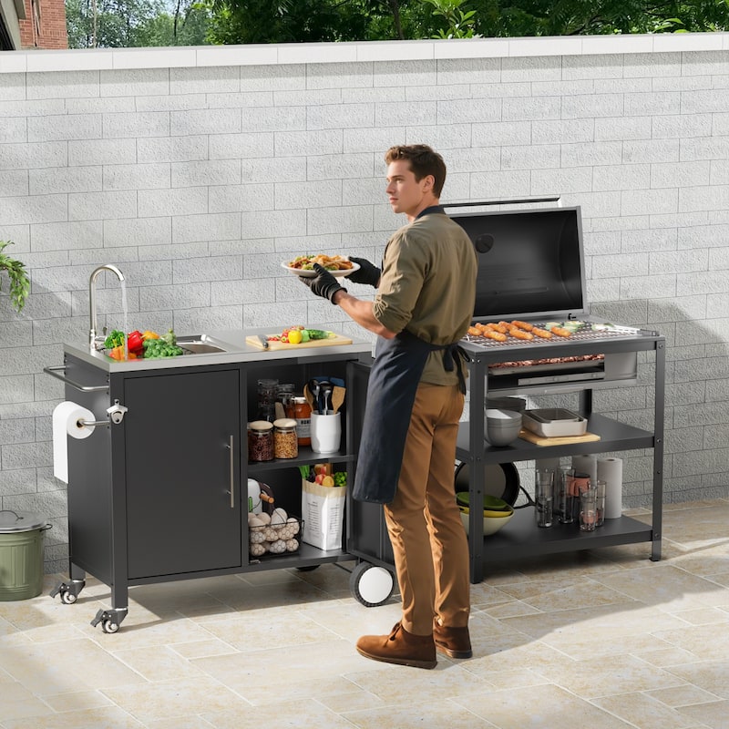 Outdoor Grill Table with Sink, Grill Cart with 304 Stainless Steel Sink and Cabinet, Outdoor Grill Cart