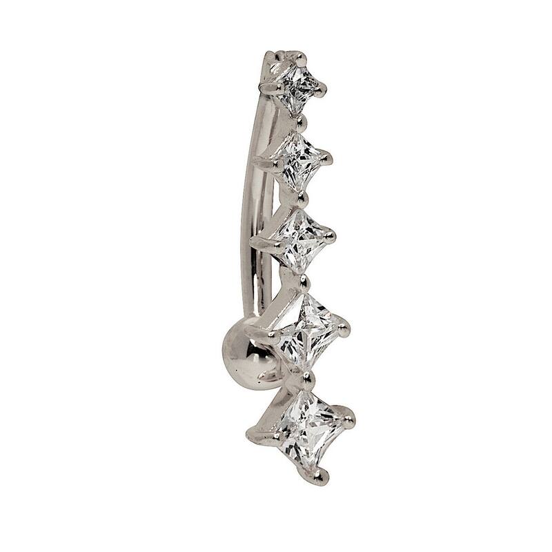 Curata Solid 14k Yellow or White Gold Princess Square Cubic Zirconia Belly Dangle - 4mm x 20mm - White Gold