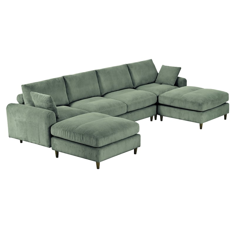 Roomfitters Modern Corduroy Modular Sectional Sofa, U-Shaped Convertible 6-Seat Sofa Set with Footstool and Pillows, Olive Green