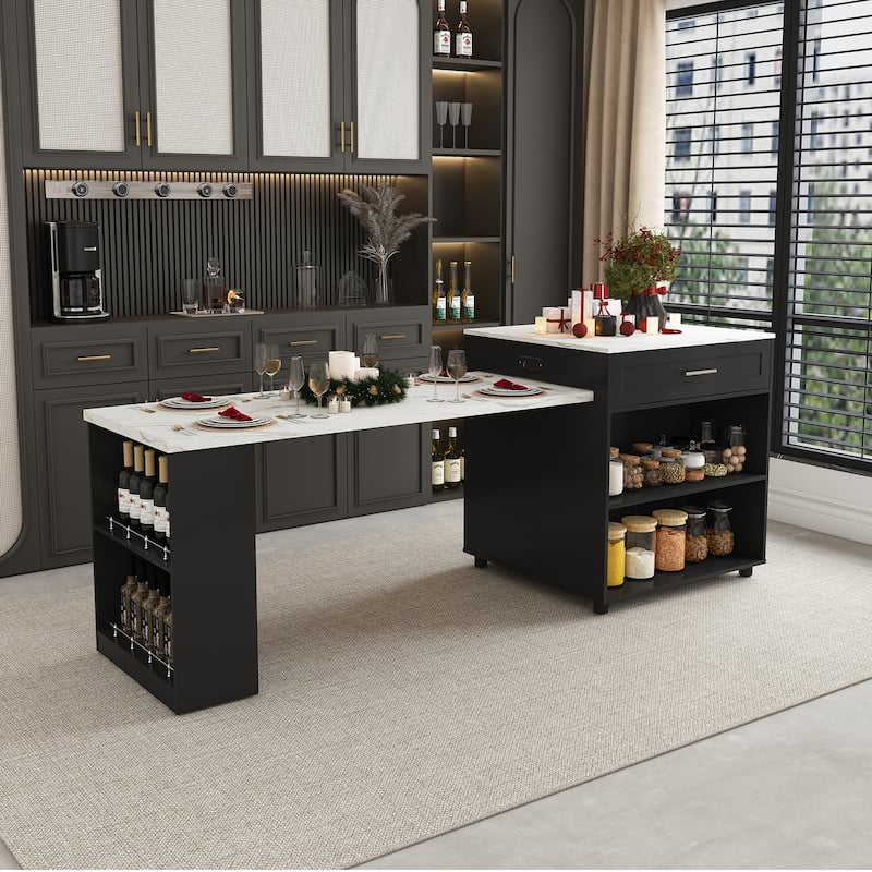 80" Expandable Kitchen Island with Dining Table with Marble-Grain Countertop with Power Outlet