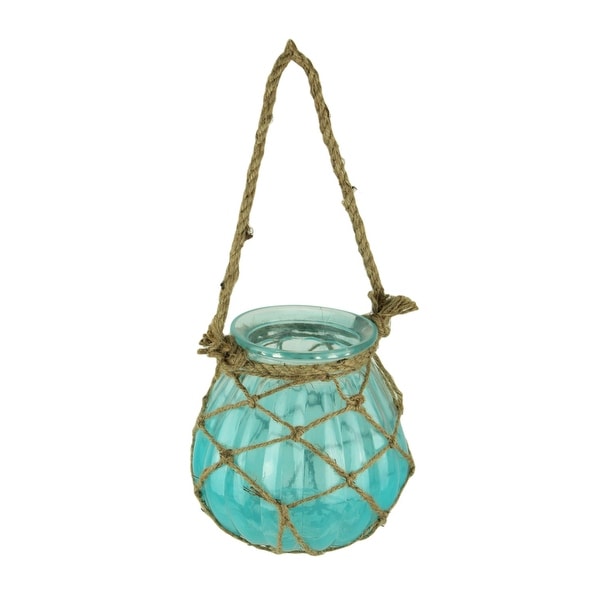 Netted Blue Glass Candle Lantern with Jute Rope Handle - 7 X 6 X 6 inches