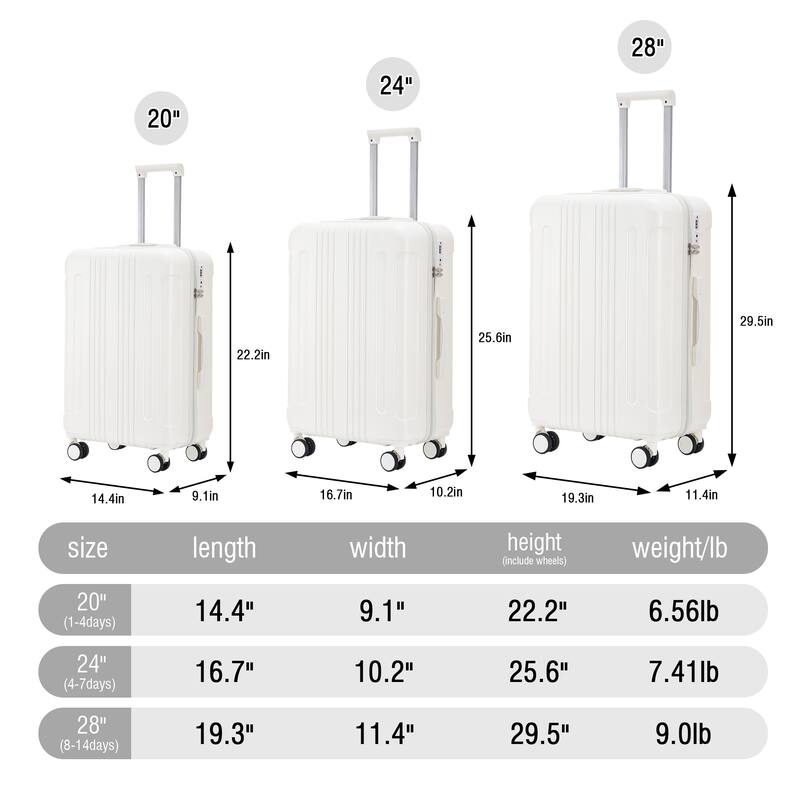 3 PCS in ABS Spinner Wheel Luggage, Carry on Suitcase, TSA Combination Lock