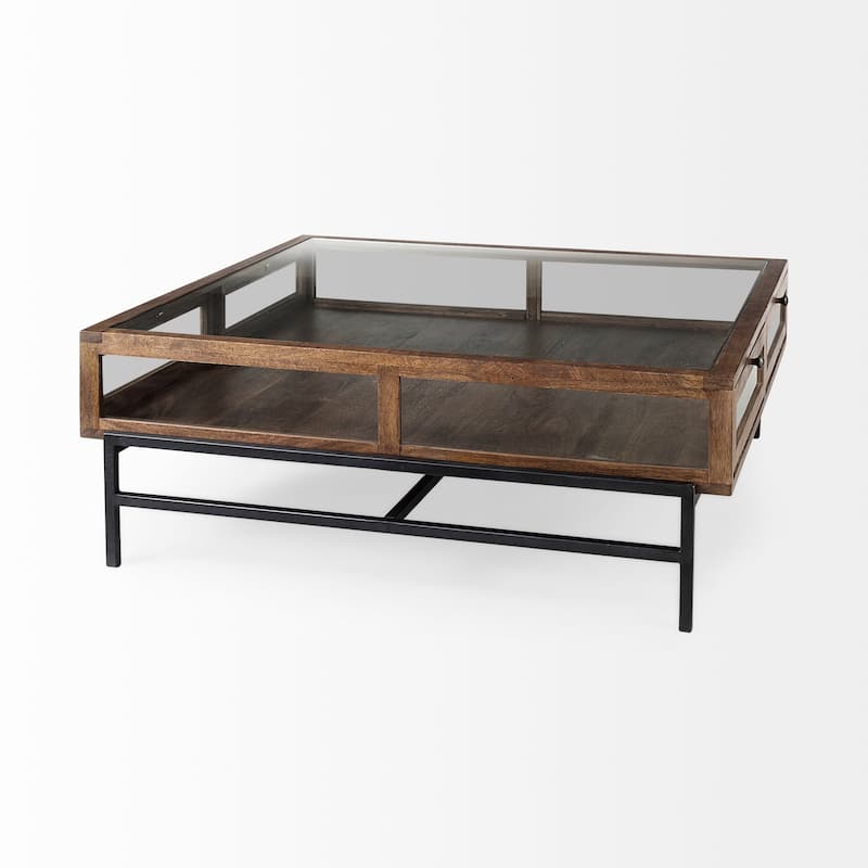 Arelius Light Brown Solid Wood w/ Black Iron Base Square Display Coffee Table