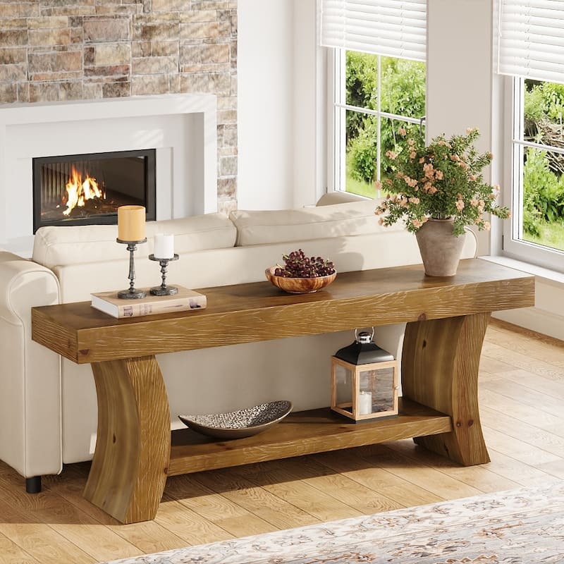 2-Tier Low Solid Wood Console Table for Living Room Entryway Hallway