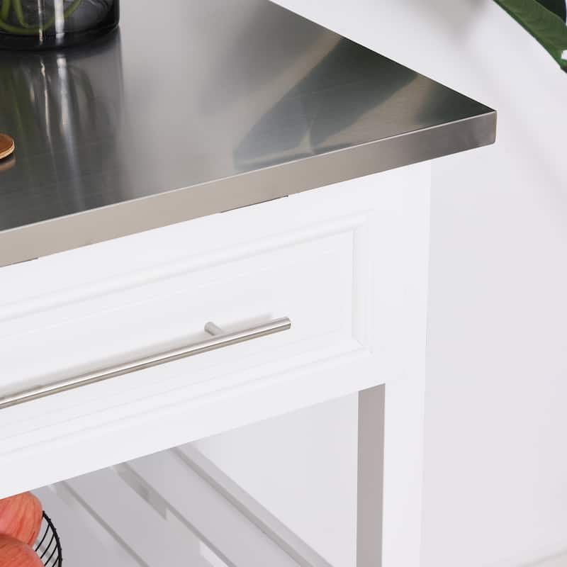 Kitchen Island with Stainless Steel Top, Kitchen Cabinet with 3-Tier Storage, Kitchen Cart with Pull-Out Drawers