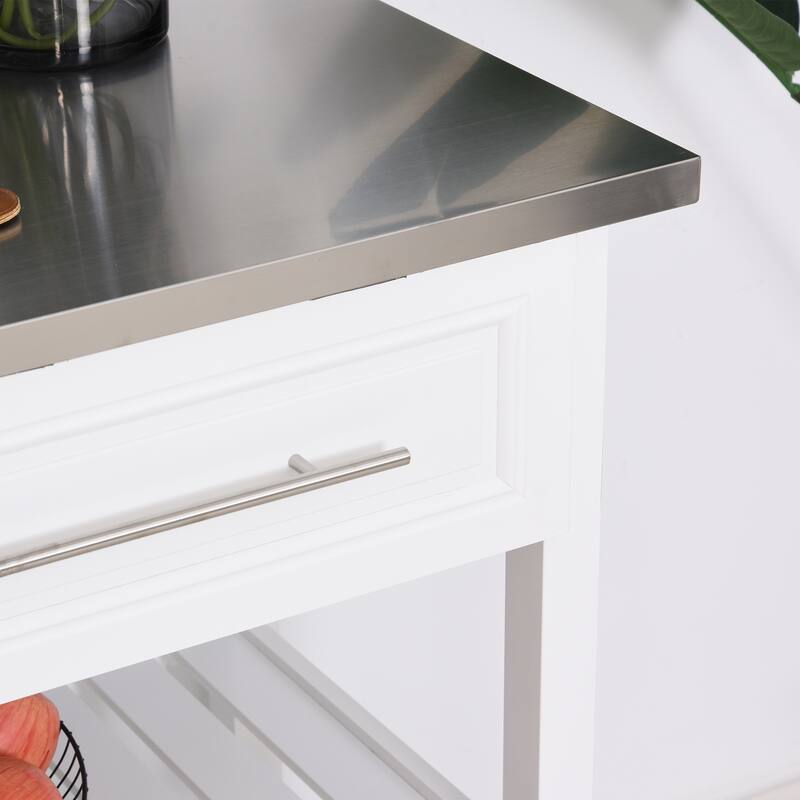 Kitchen Island with Stainless Steel Top, Open Shelves, and Drawers, Gray