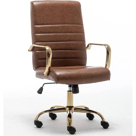Brown Vintage Adjustable Home Office Faux Leather Golden Arms Executive Chair High Back Manager Desk Armchair