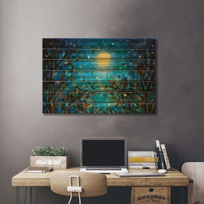 Trees Under A Glowing Moon In A Blue Starry Sky Print On Wood by Valery Rybakow - Multi-Color