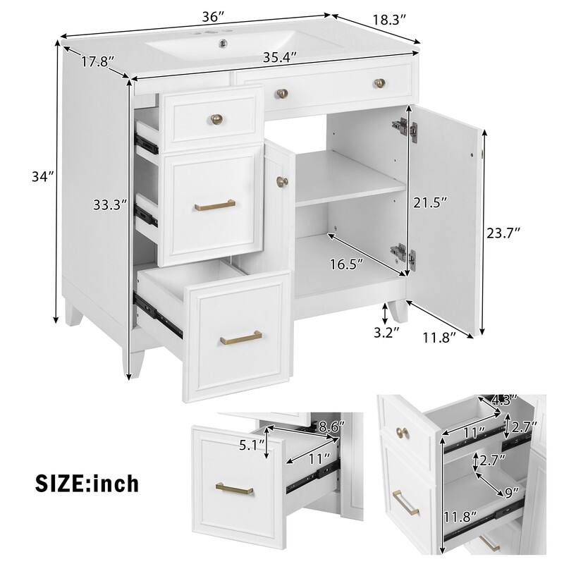 Transitional Style 36-inch Bathroom Vanity with Ceramic Sink, 2 Soft-Close Doors Freestanding Cabinet with 2 Drawers