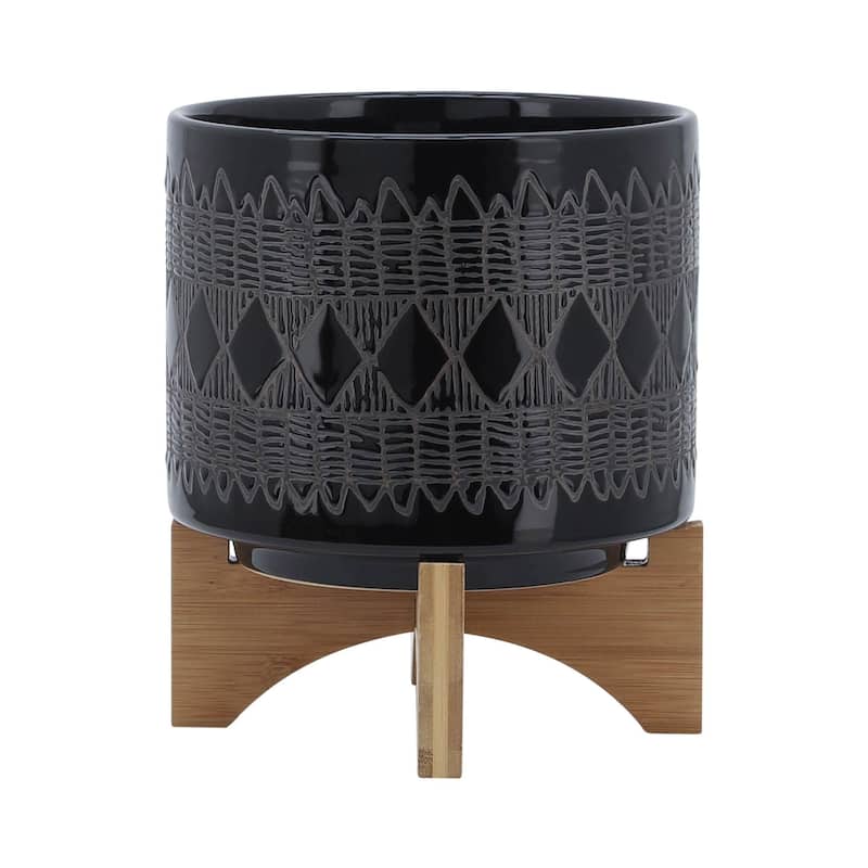 8-inch Ceramic Planter on Wooden Stand - Black
