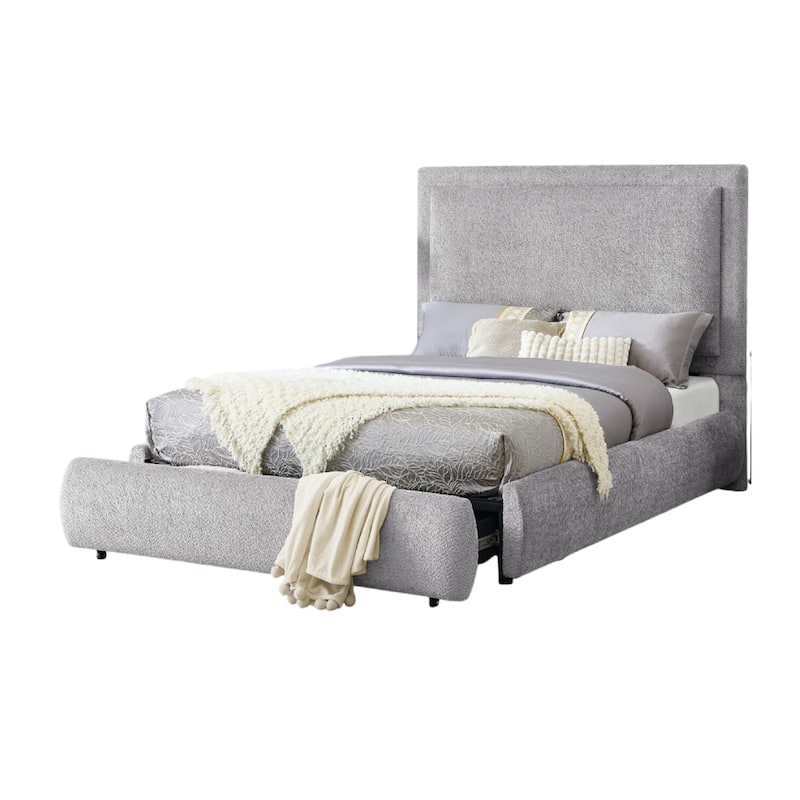 Reby Queen Size Bed w Storage Footboard, Gray Chenille Upholstery