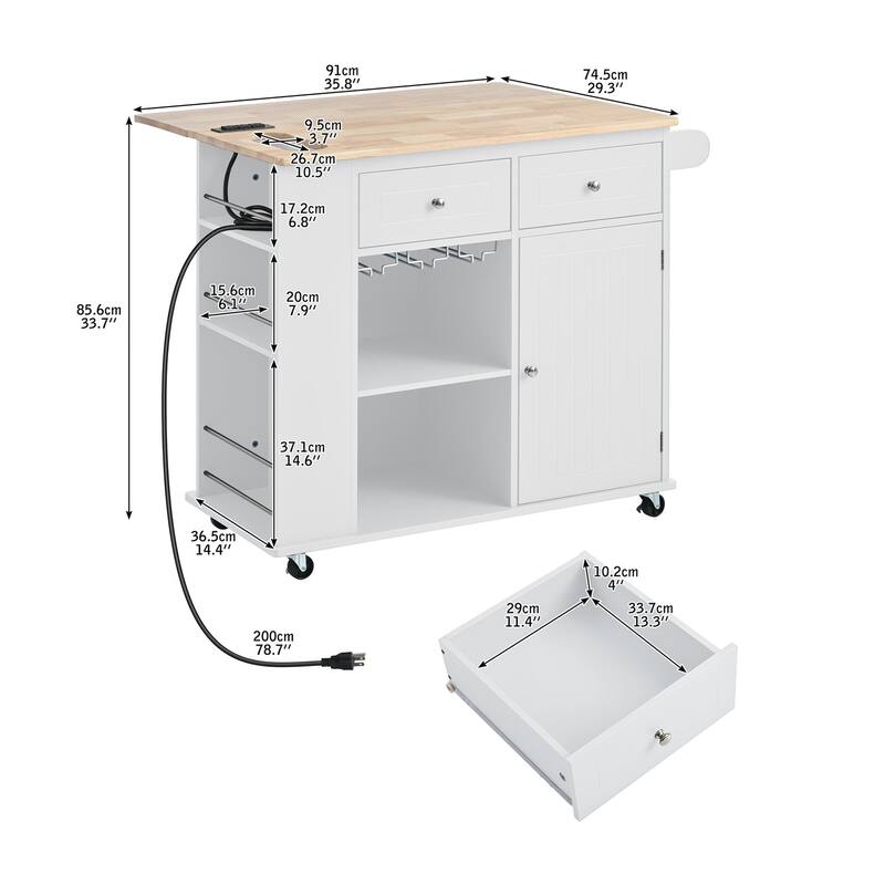Multifunctional Kitchen Cart with Power Outlet, Open Storage and Wine Rack - 40" x 30"