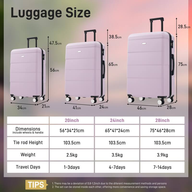 Hardshell Luggage Sets 3 Piece Double Spinner Wheels Suitcase with Handle Password Lock, Lightweight 20"+24"+28" Luggages