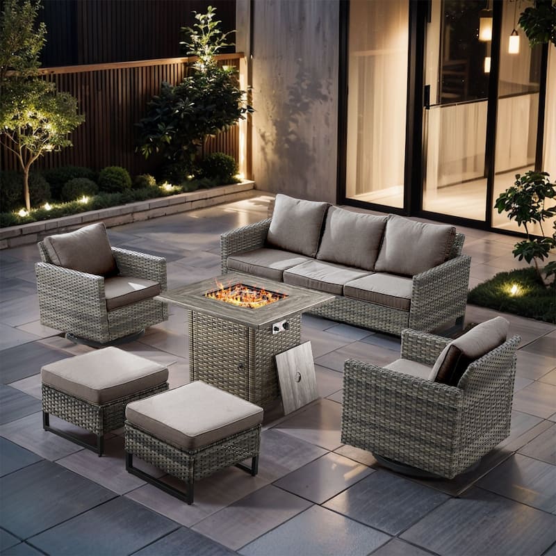 6 Pieces Fire Pit Table with Sofa Swivel Chair Ottoman Set - Gray Wicker - Gray cushion
