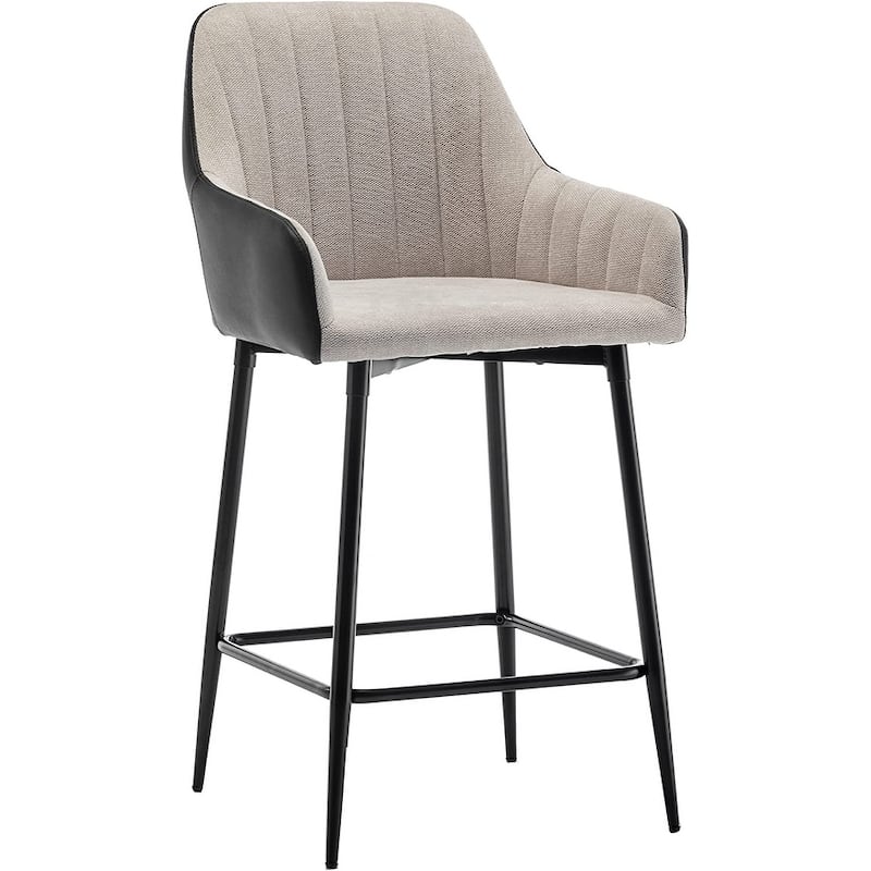 Tall Counter Height Bar Stools, 25", Mid-Back Upholstered Fabric Accent , PU Black Back, Beige Fabric, Set Of 2